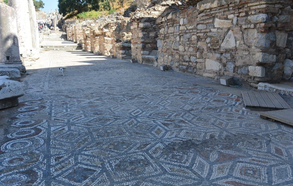 Preserved mosaic on the floor near the terraces.
