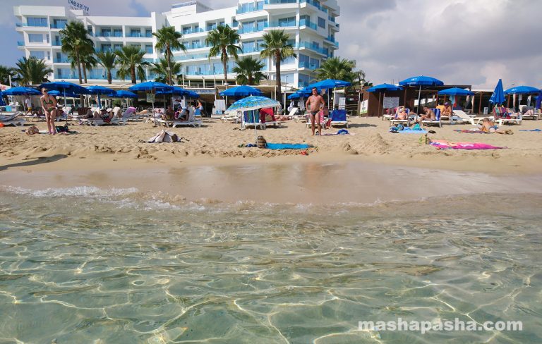 View from the sea to the beach and hotels of Protaras. — Sunrise Protaras Beach, Cyprus