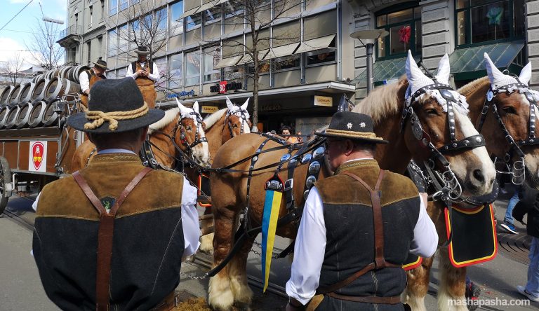 Participants wait for the start of the Zexeloiten carnival — Sechseläuten Carnival, Zürich, Switzerland