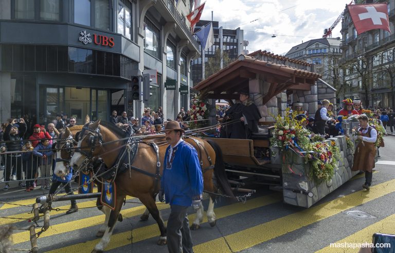 Platform with carnival participants — Sechseläuten Carnival, Zürich, Switzerland