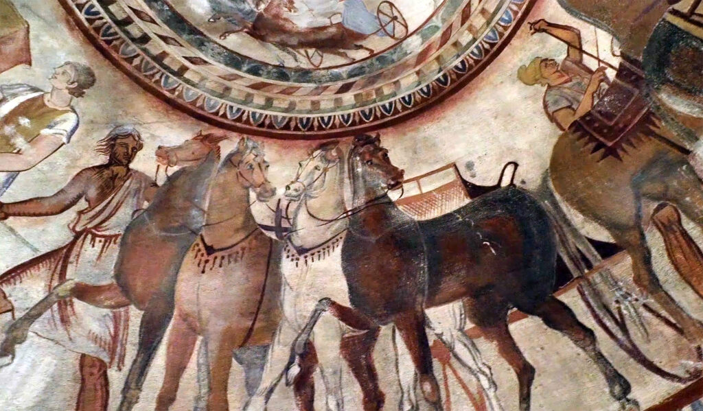 Fresque de chevaux et de serviteurs dans la coupole de la tombe de Kazanlak