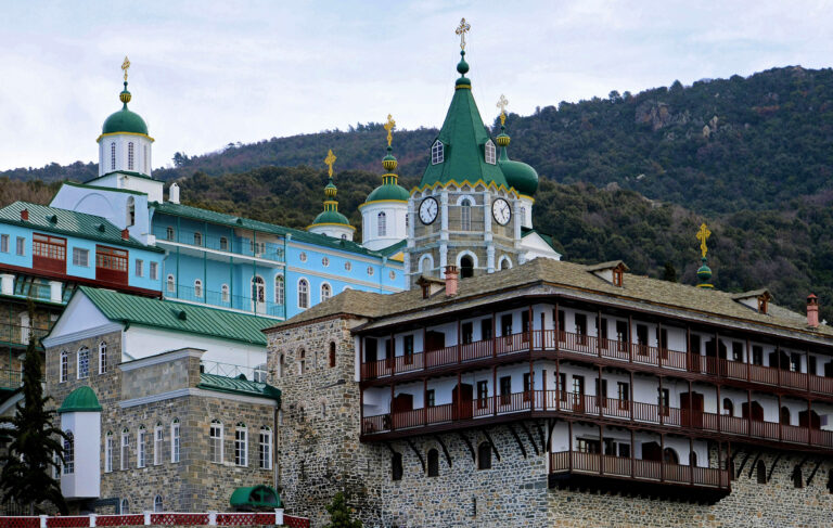 Mount Athos and monasteries above the Sea, Greece